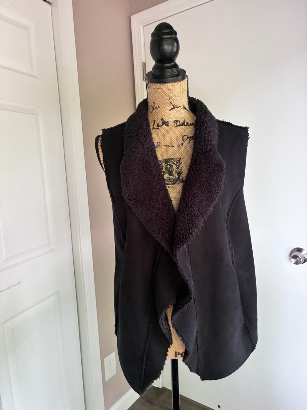 Black Faux-Shearling Open-Front Vest with Draped Collar